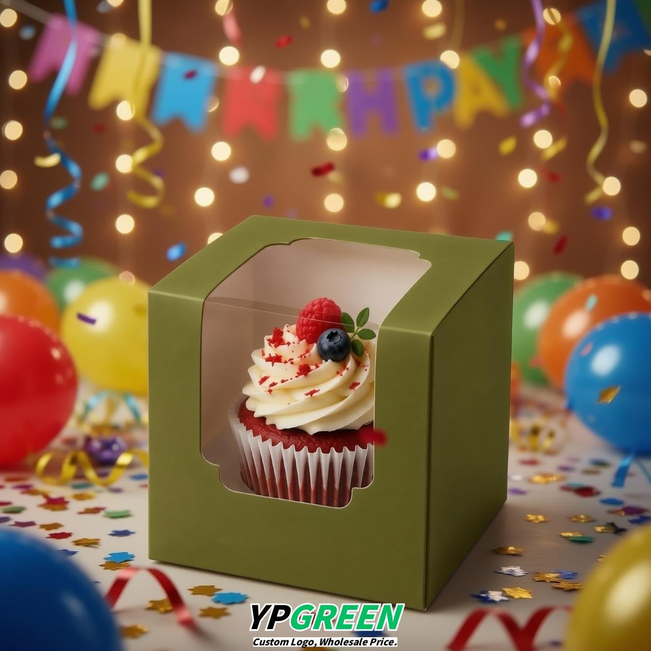 Olive Green Individual 3.5 inches Square Paper Cupcake Box Containers with Windows & Inserts
