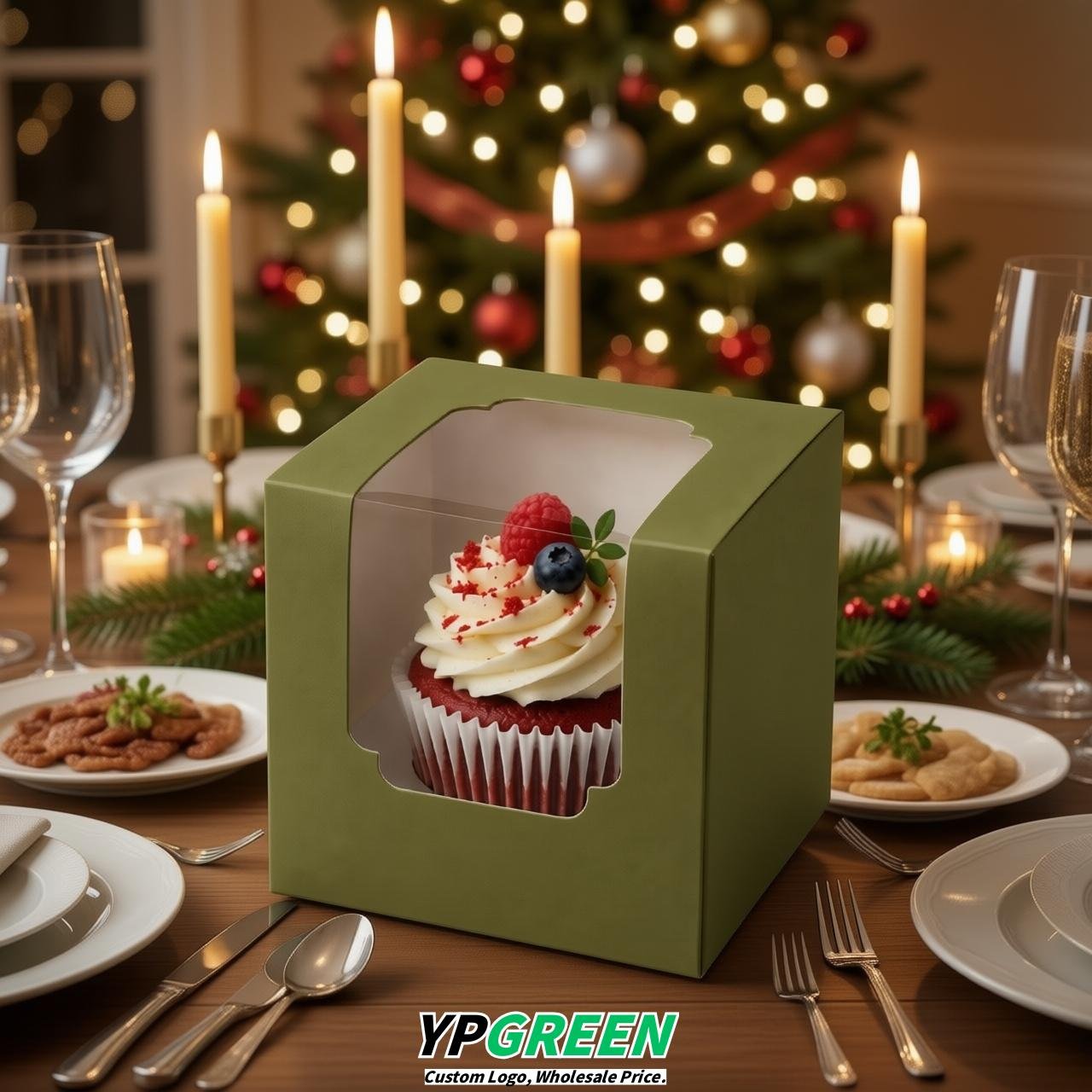 Olive Green Individual 3.5 inches Square Paper Cupcake Box Containers with Windows & Inserts Olive Green Individual 3.5 inches Square Paper Cupcake Box Containers with Windows & Inserts