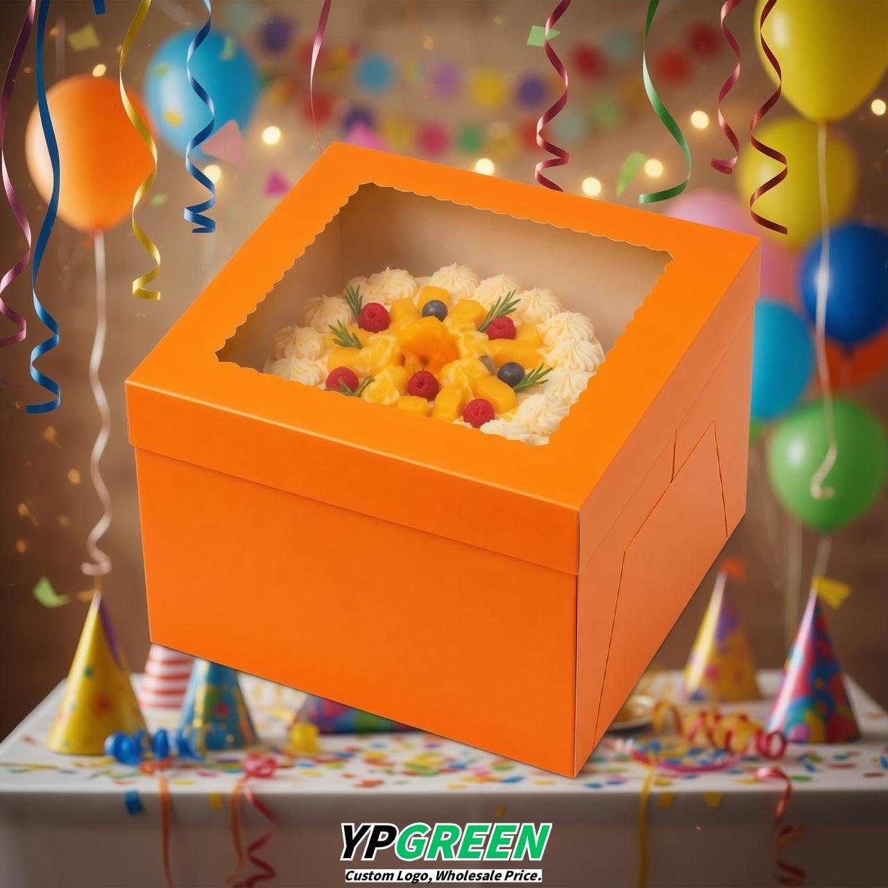 Orange 10 & 12 inches Tall Cake Box with Window - Square Cardboard Cake Box