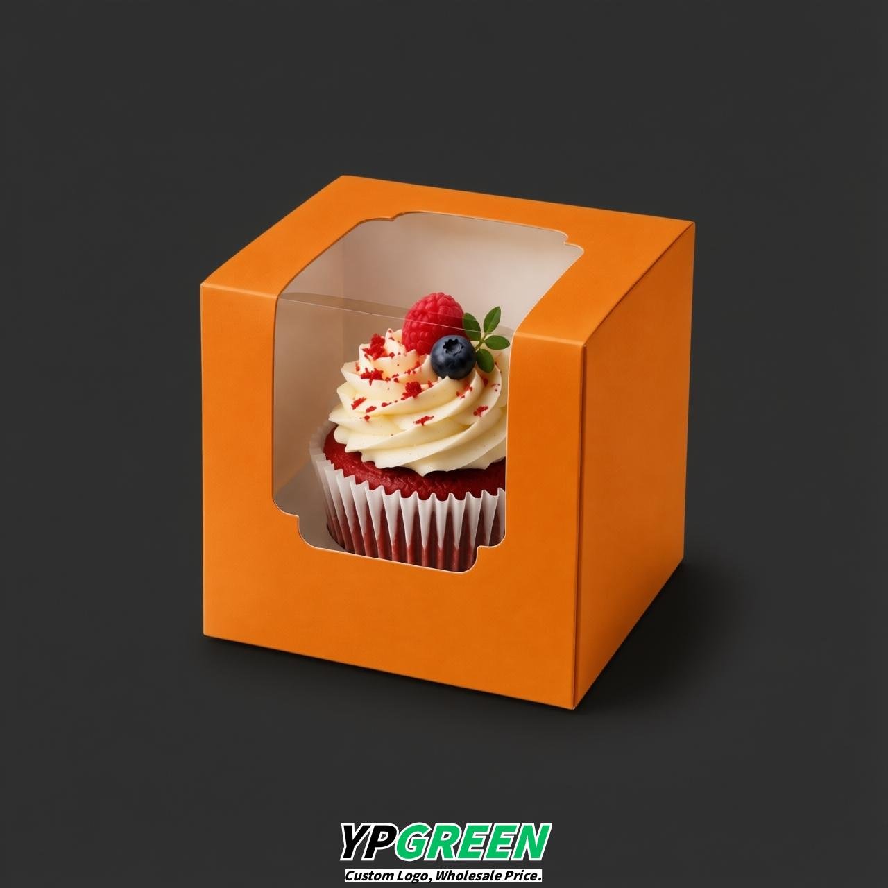 Orange Individual 3.5 inches Square Paper Cupcake Box Containers with Windows & Inserts