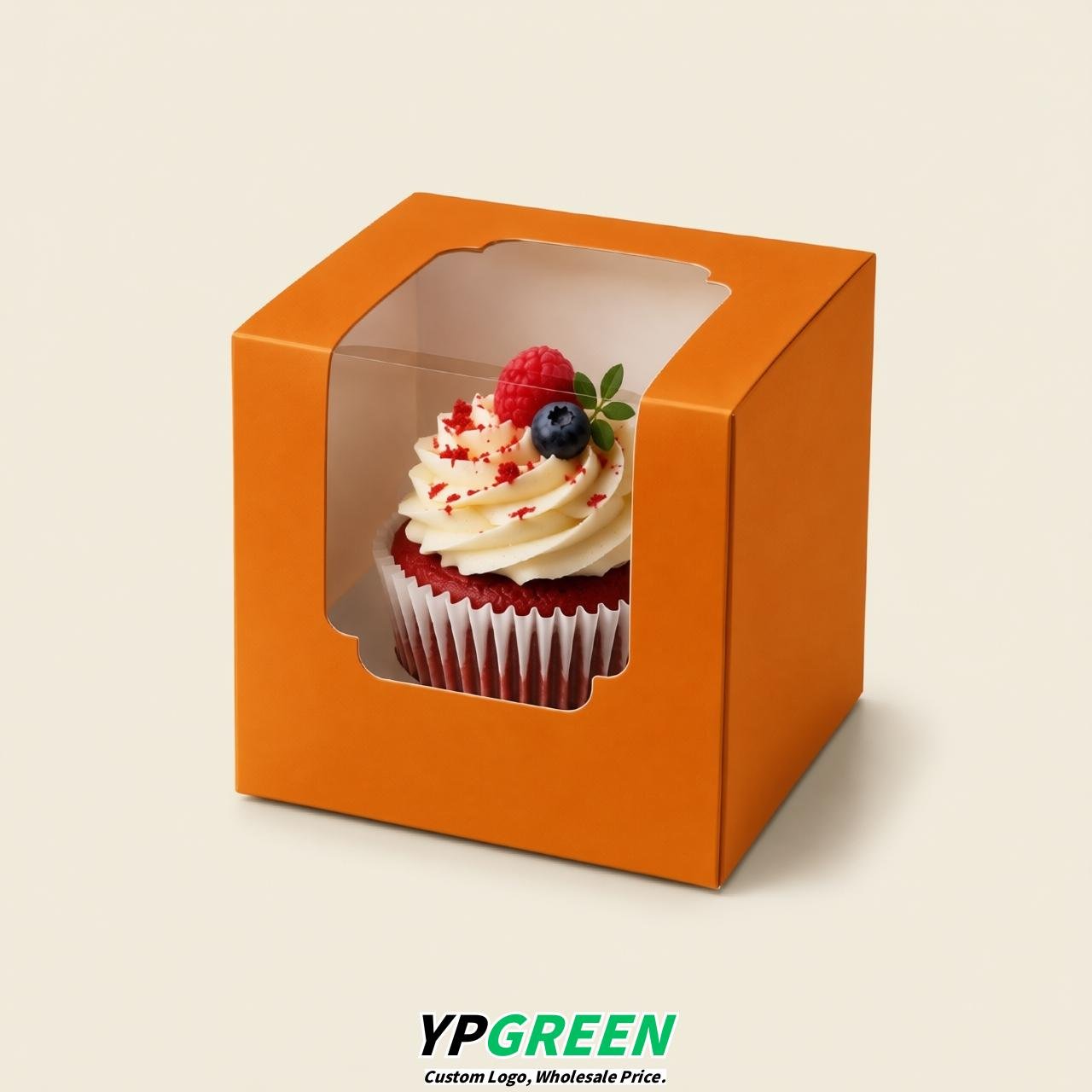 Orange Individual 3.5 inches Square Paper Cupcake Box Containers with Windows & Inserts