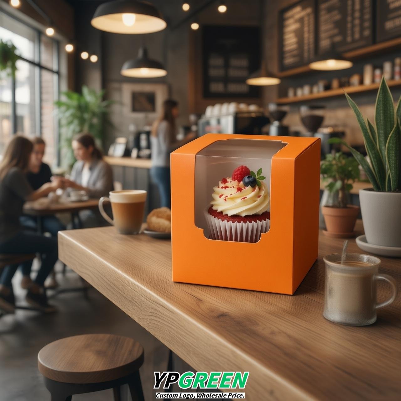 Orange Individual 3.5 inches Square Paper Cupcake Box Containers with Windows & Inserts