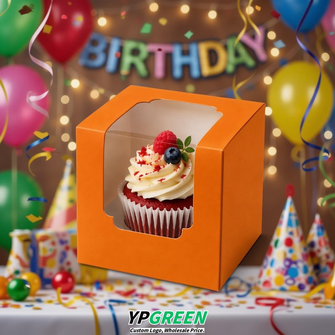 Orange Individual 3.5 inches Square Paper Cupcake Box Containers with Windows & Inserts