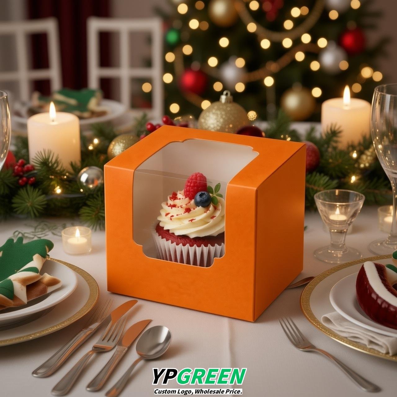 Orange Individual 3.5 inches Square Paper Cupcake Box Containers with Windows & Inserts