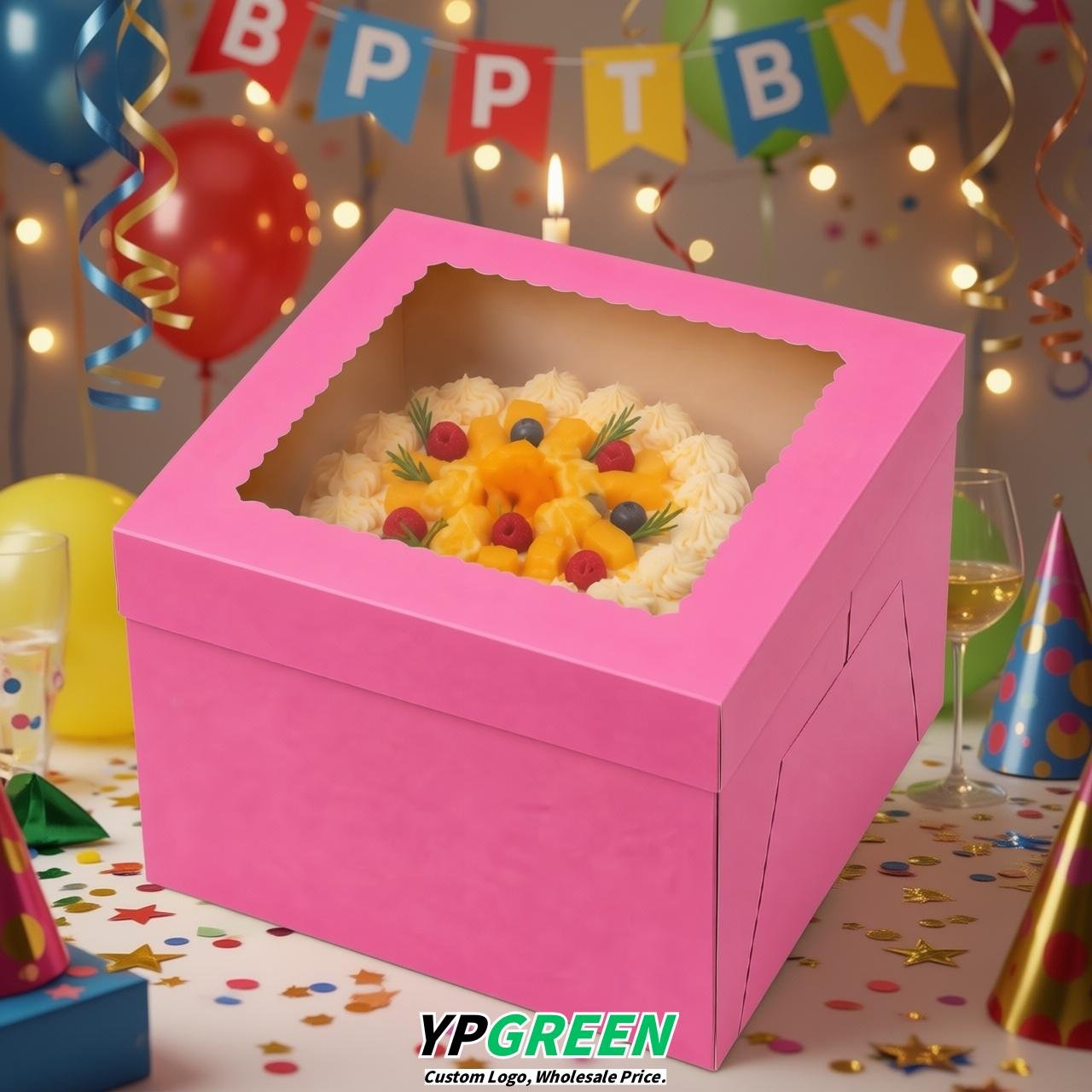 Pink 10 & 12 inches Tall Cake Box with Window - Square Cardboard Cake Box