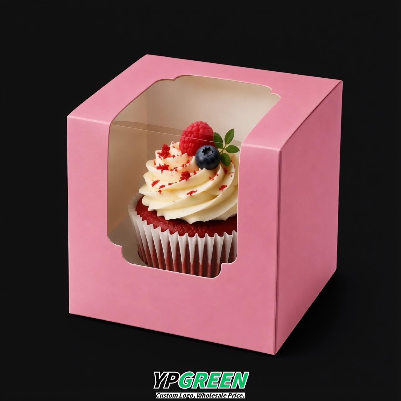 Pink Individual 3.5 inches Square Paper Cupcake Box Containers with Windows & Inserts