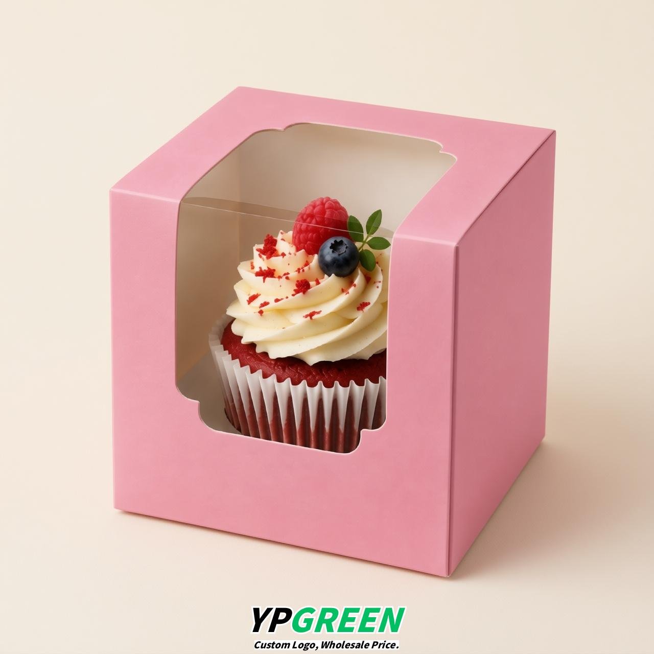 Pink Individual 3.5 inches Square Paper Cupcake Box Containers with Windows & Inserts