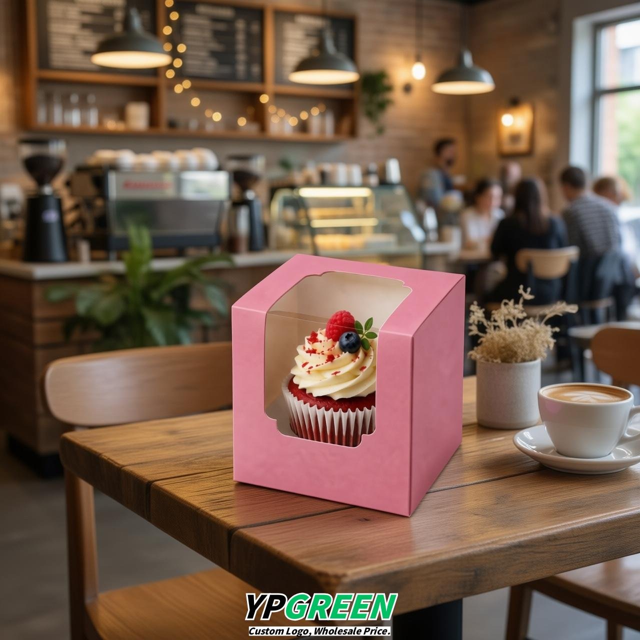 Pink Individual 3.5 inches Square Paper Cupcake Box Containers with Windows & Inserts
