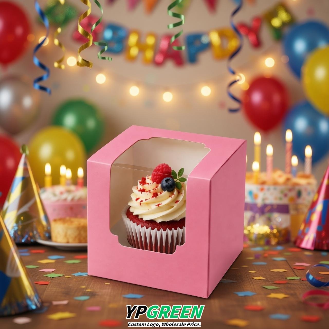 Pink Individual 3.5 inches Square Paper Cupcake Box Containers with Windows & Inserts