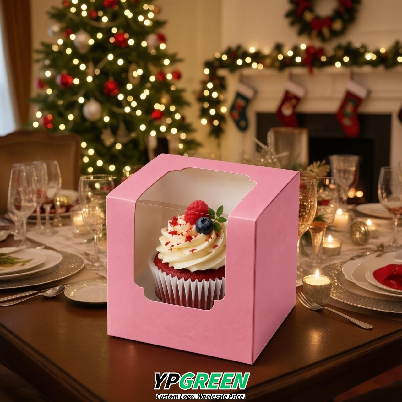 Pink Individual 3.5 inches Square Paper Cupcake Box Containers with Windows & Inserts Pink Individual 3.5 inches Square Paper Cupcake Box Containers with Windows & Inserts