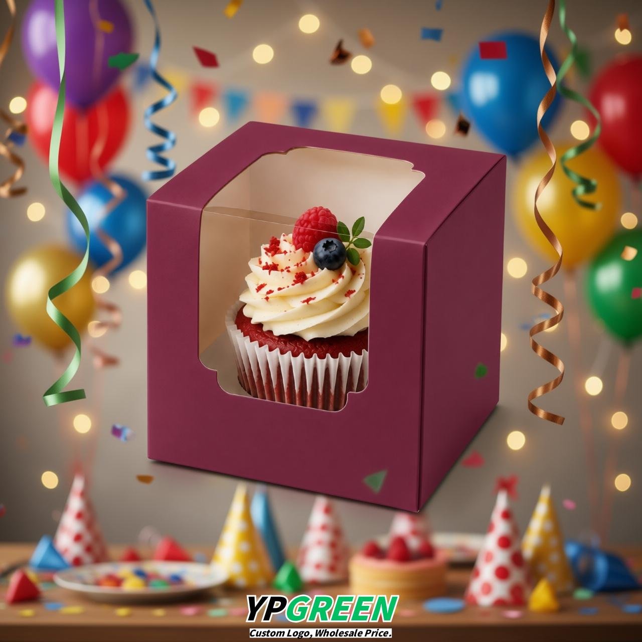 Plum Individual 3.5 inches Square Paper Cupcake Box Containers with Windows & Inserts