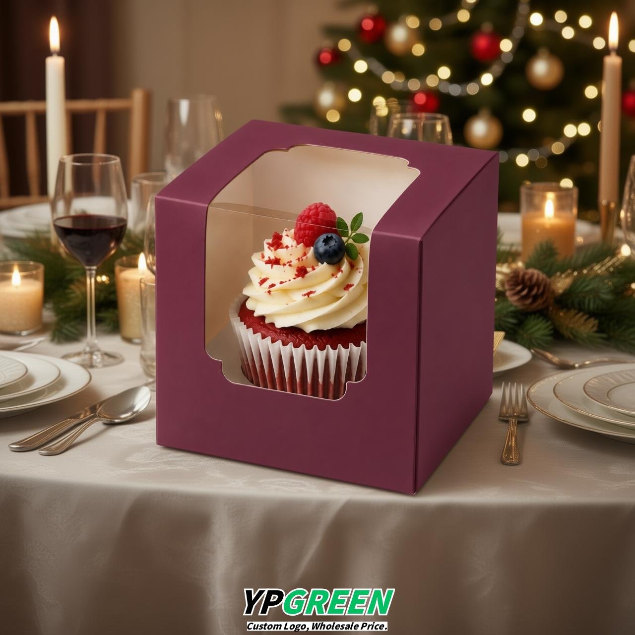 Plum Individual 3.5 inches Square Paper Cupcake Box Containers with Windows & Inserts Plum Individual 3.5 inches Square Paper Cupcake Box Containers with Windows & Inserts