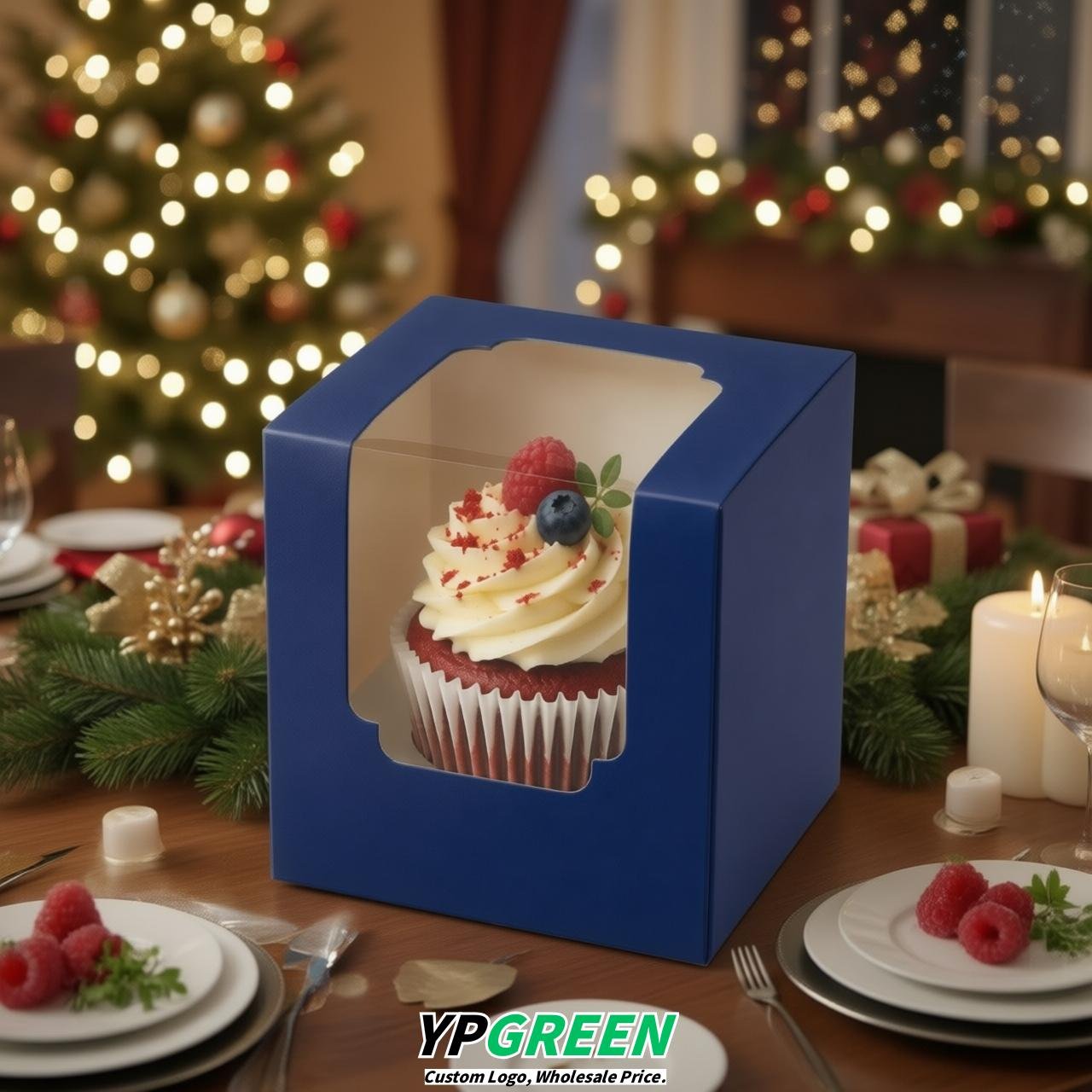 Prussian Blue Individual 3.5 inches Square Paper Cupcake Box Containers with Windows & Inserts