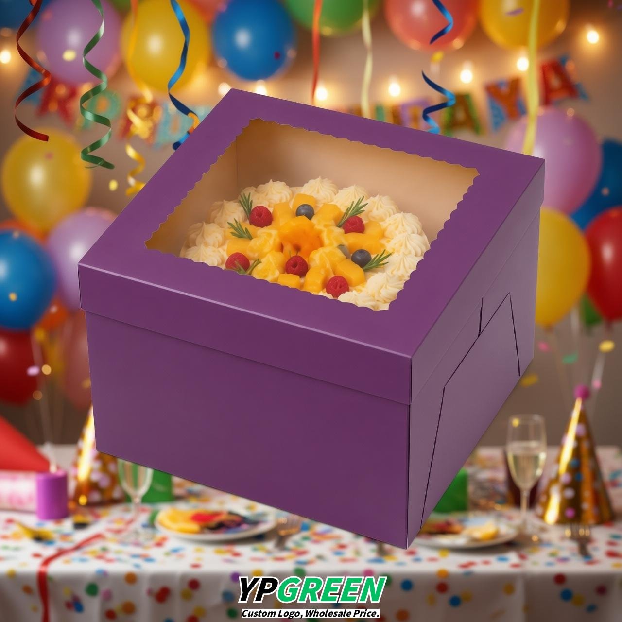 Purple 10 & 12 inches Tall Cake Box with Window - Square Cardboard Cake Box