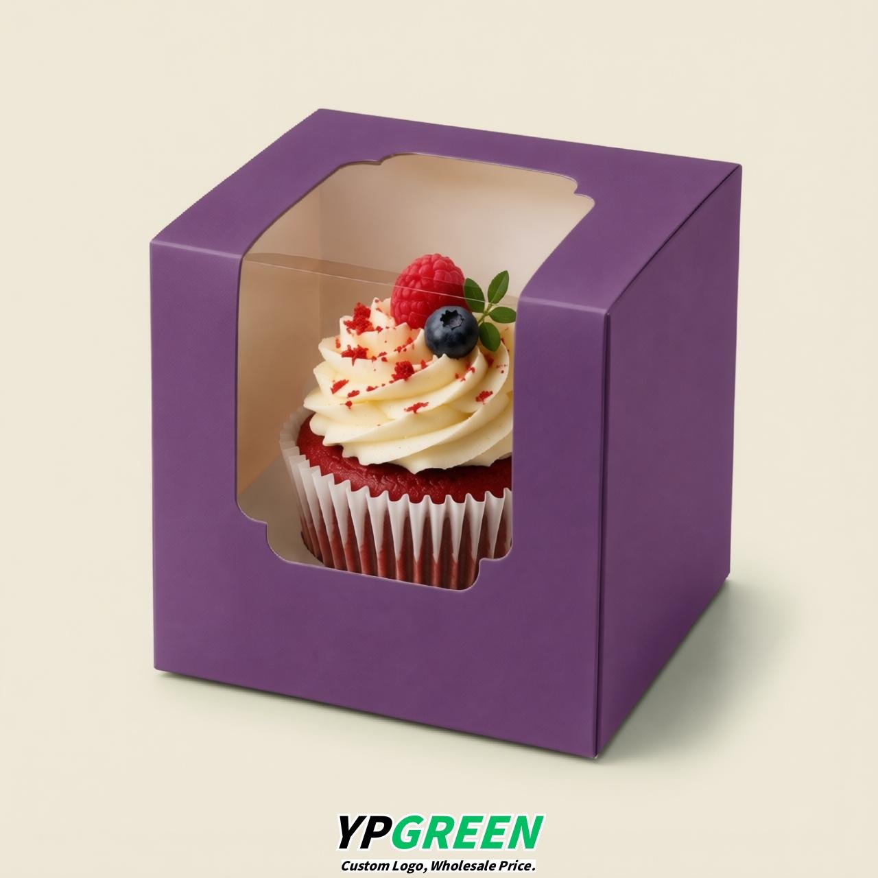 Purple Individual 3.5 inches Square Paper Cupcake Box Containers with Windows & Inserts
