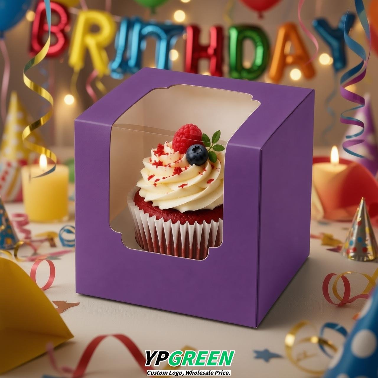 Purple Individual 3.5 inches Square Paper Cupcake Box Containers with Windows & Inserts