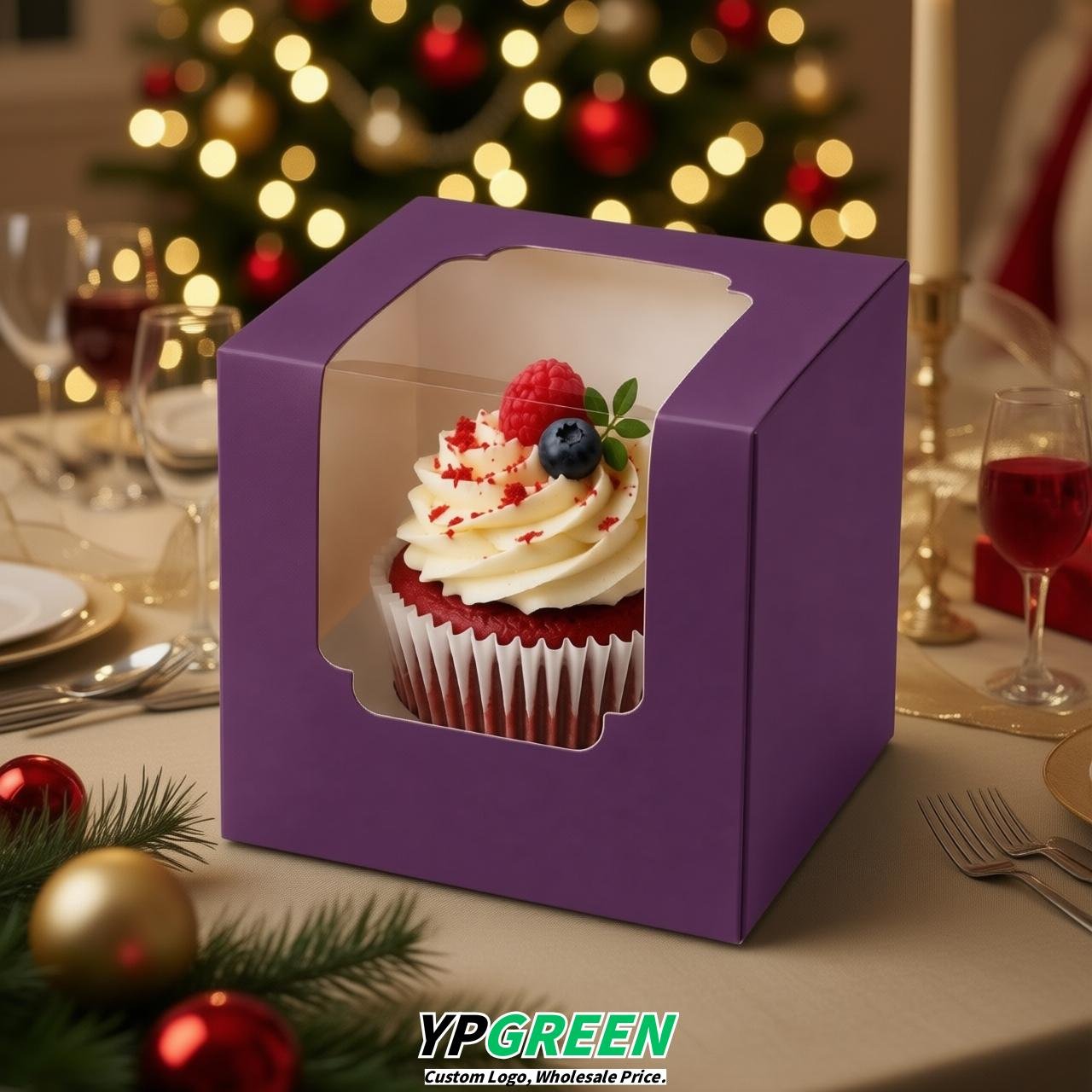 Purple Individual 3.5 inches Square Paper Cupcake Box Containers with Windows & Inserts