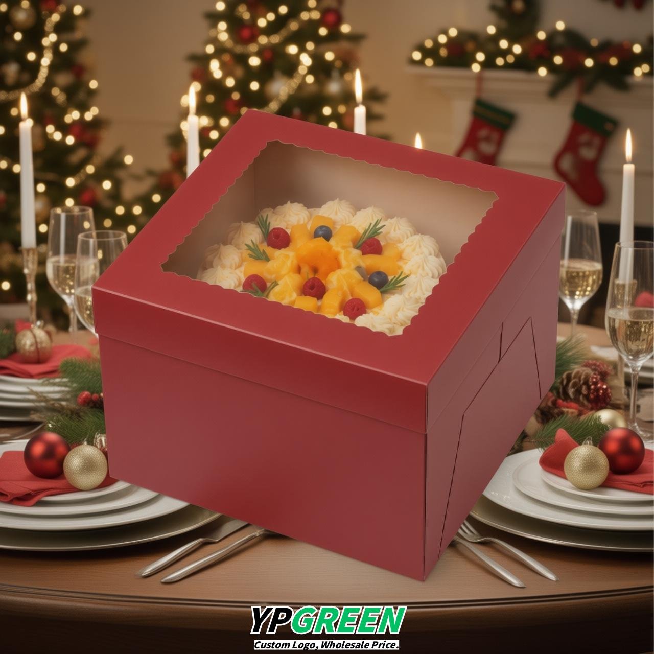 Red 10 & 12 inches Tall Cake Box with Window - Square Cardboard Cake Box