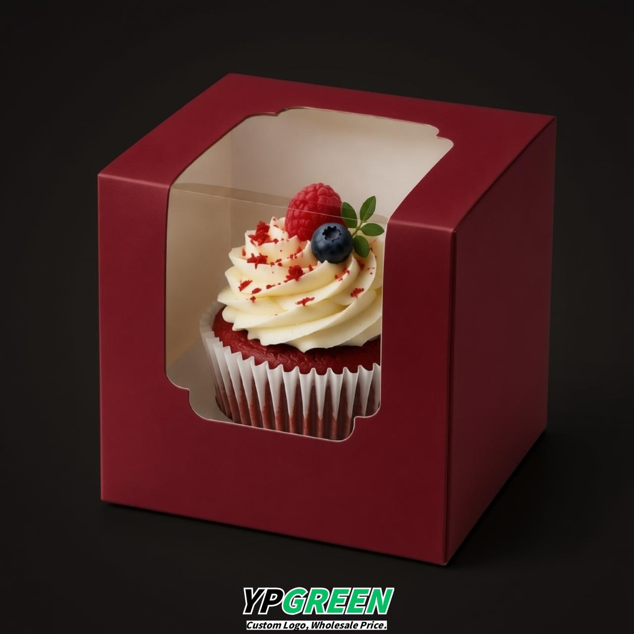 Red Individual 3.5 inches Square Paper Cupcake Box Containers with Windows & Inserts