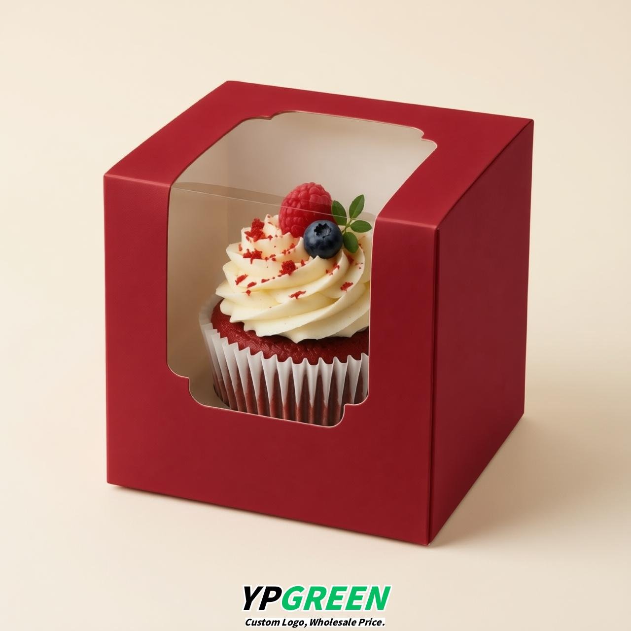 Red Individual 3.5 inches Square Paper Cupcake Box Containers with Windows & Inserts