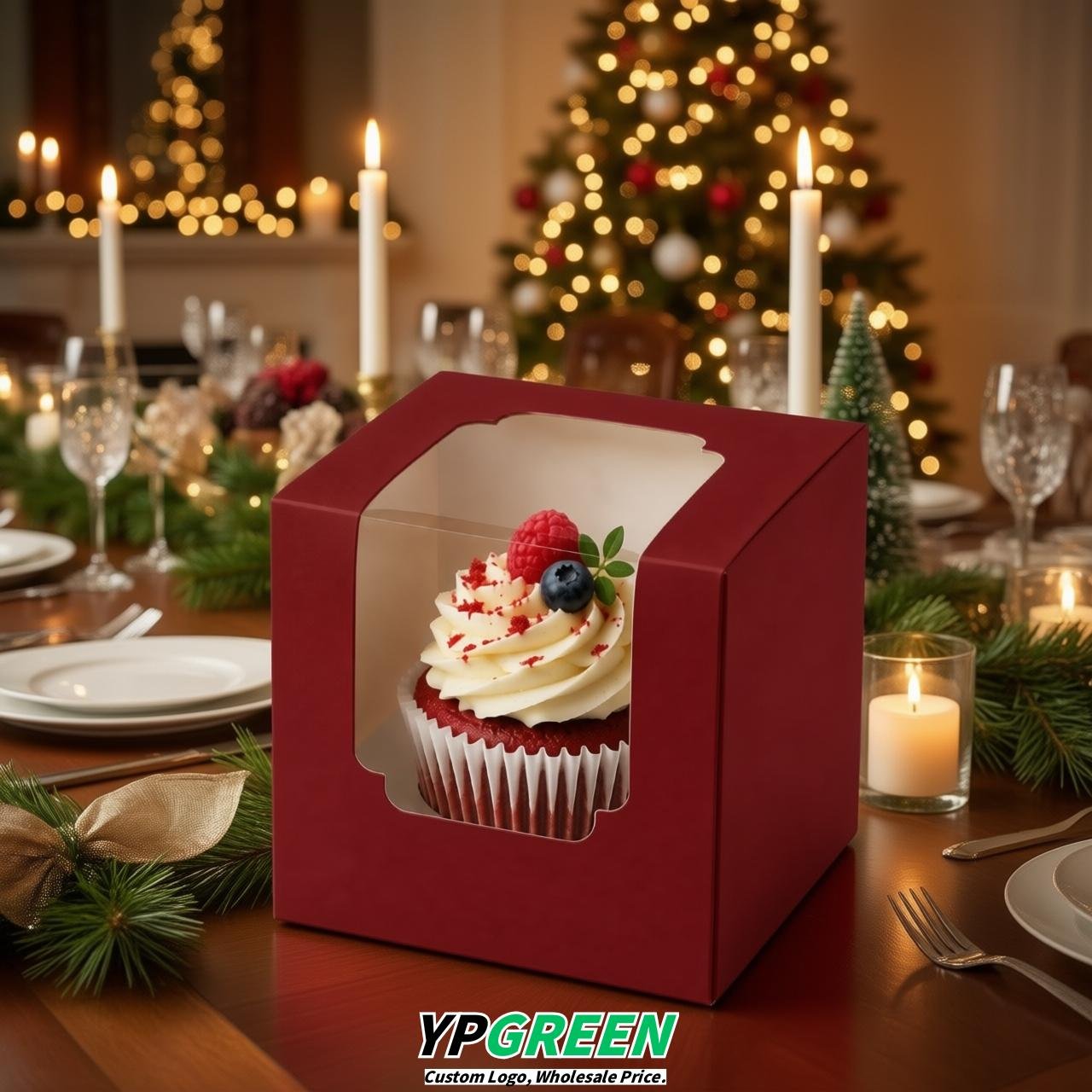 Red Individual 3.5 inches Square Paper Cupcake Box Containers with Windows & Inserts