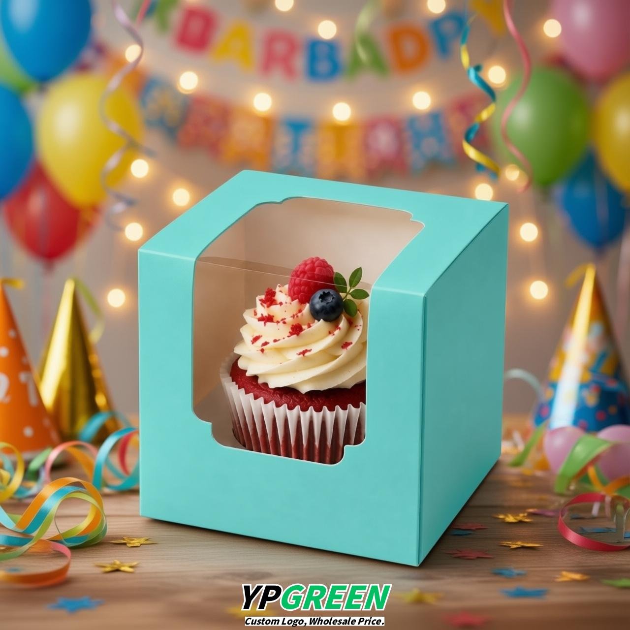 Robin Egg Blue Individual 3.5 inches Square Paper Cupcake Box Containers with Windows & Inserts
