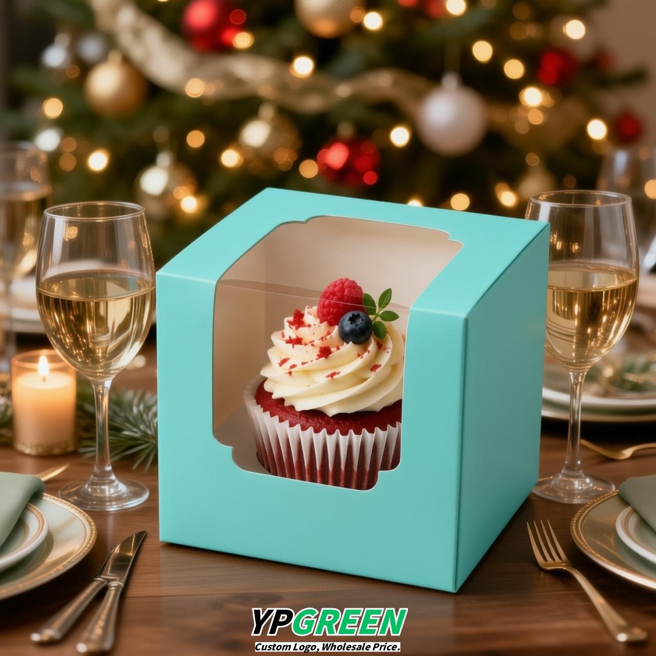 Robin Egg Blue Individual 3.5 inches Square Paper Cupcake Box Containers with Windows & Inserts