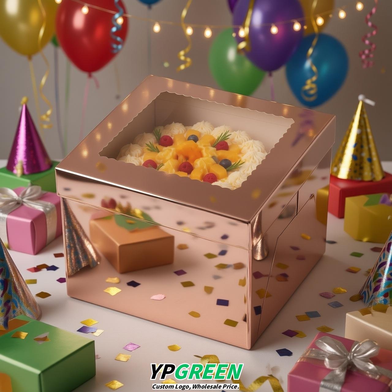 Rose Gold 10 & 12 inches Tall Cake Box with Window - Square Cardboard Cake Box