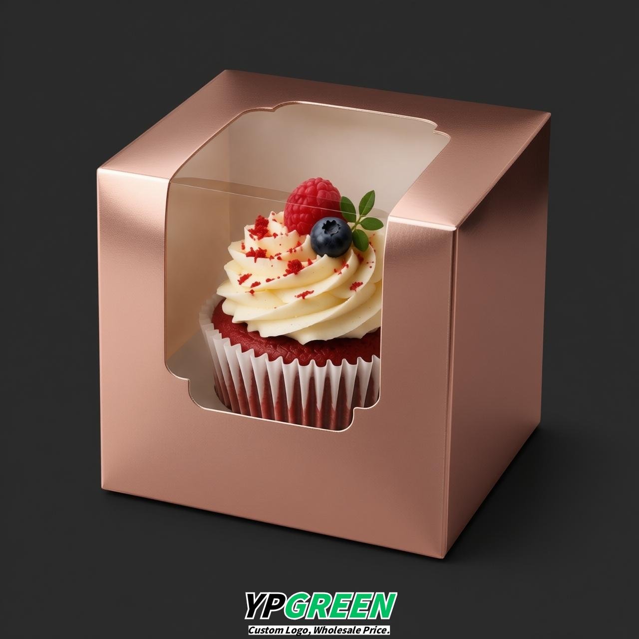 Rose Gold Individual 3.5 inches Square Paper Cupcake Box Containers with Windows & Inserts