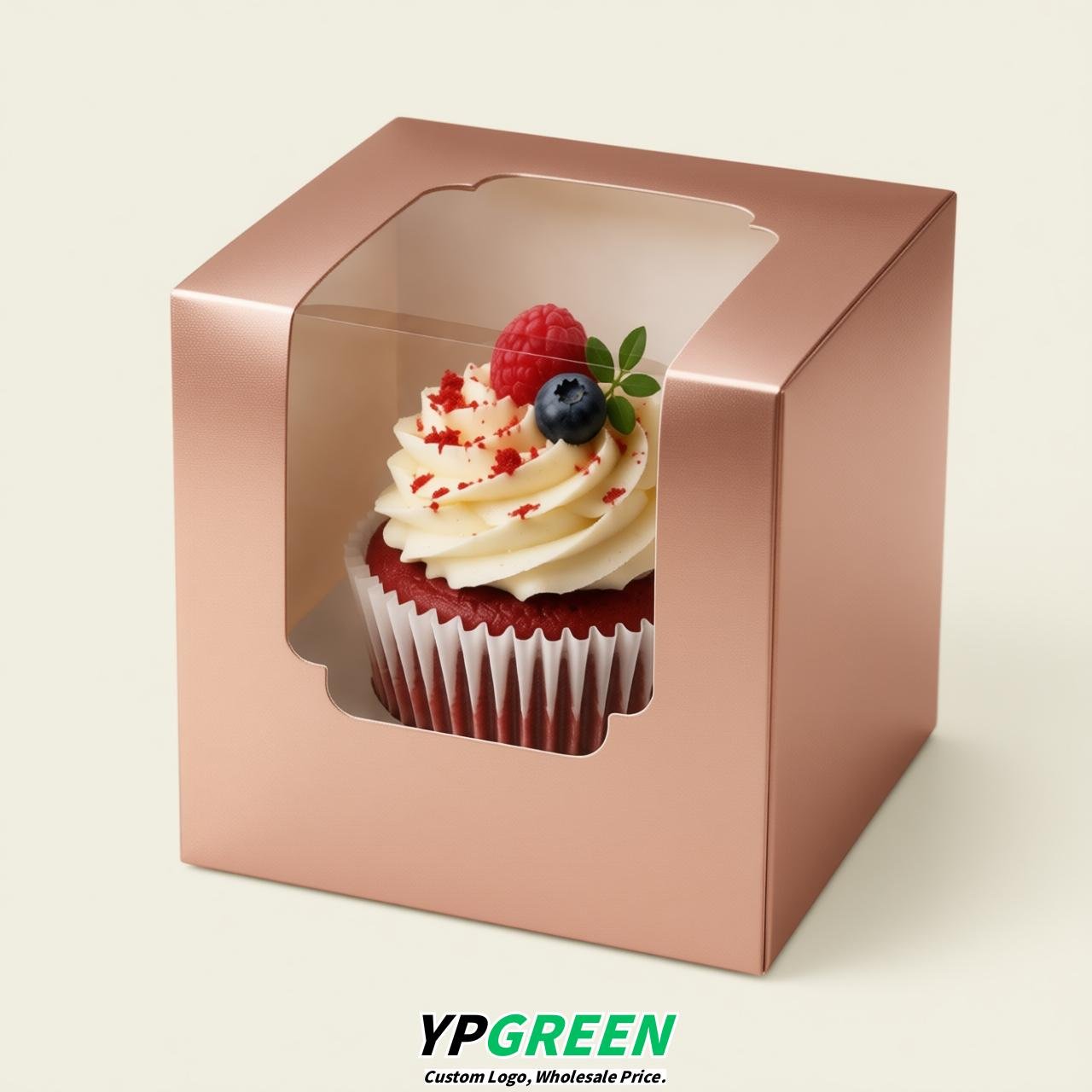 Rose Gold Individual 3.5 inches Square Paper Cupcake Box Containers with Windows & Inserts