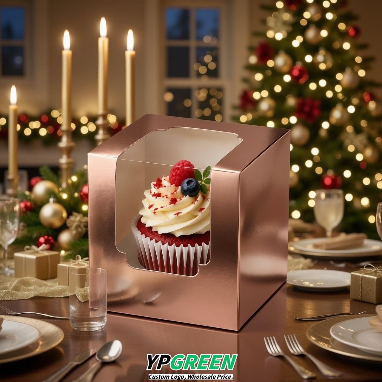 Rose Gold Individual 3.5 inches Square Paper Cupcake Box Containers with Windows & Inserts