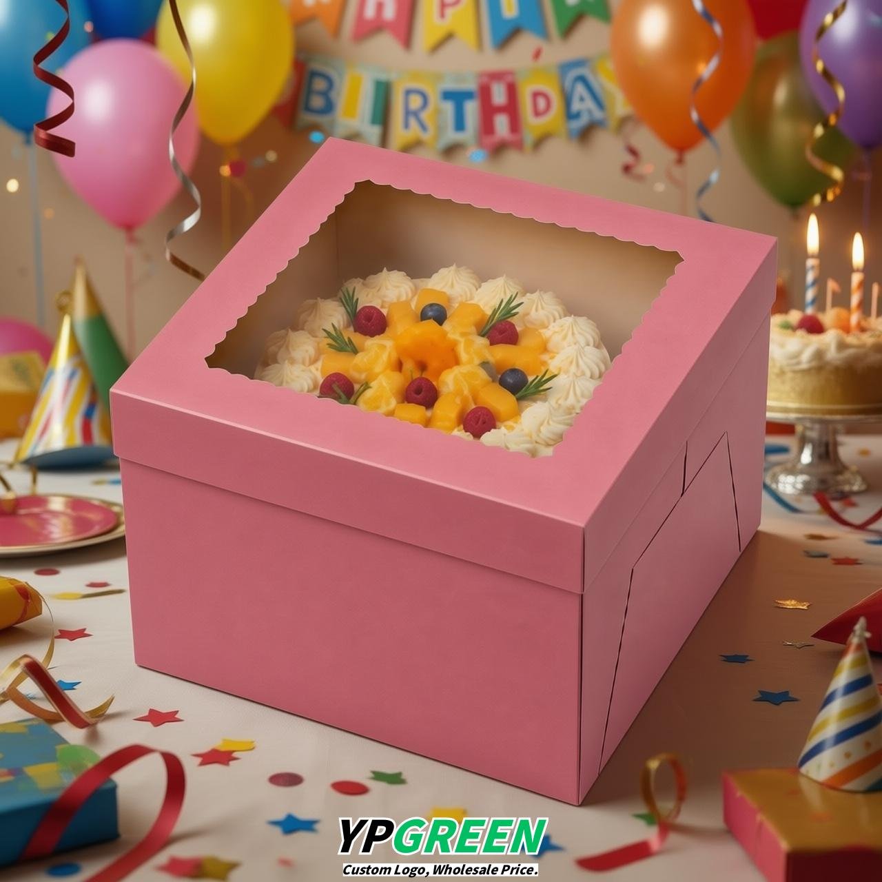 Rose Pink 10 & 12 inches Tall Cake Box with Window - Square Cardboard Cake Box