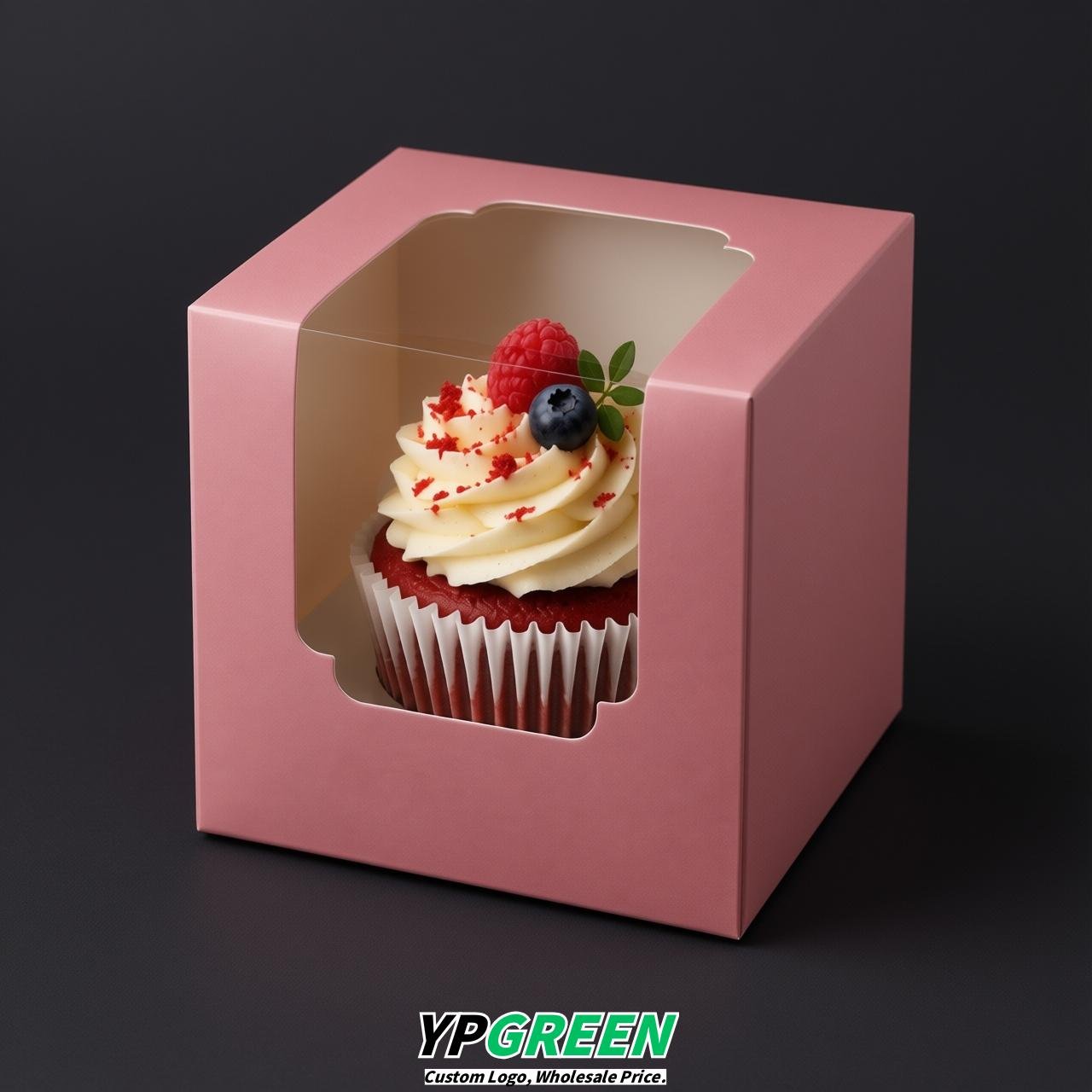 Rose Pink Individual 3.5 inches Square Paper Cupcake Box Containers with Windows & Inserts