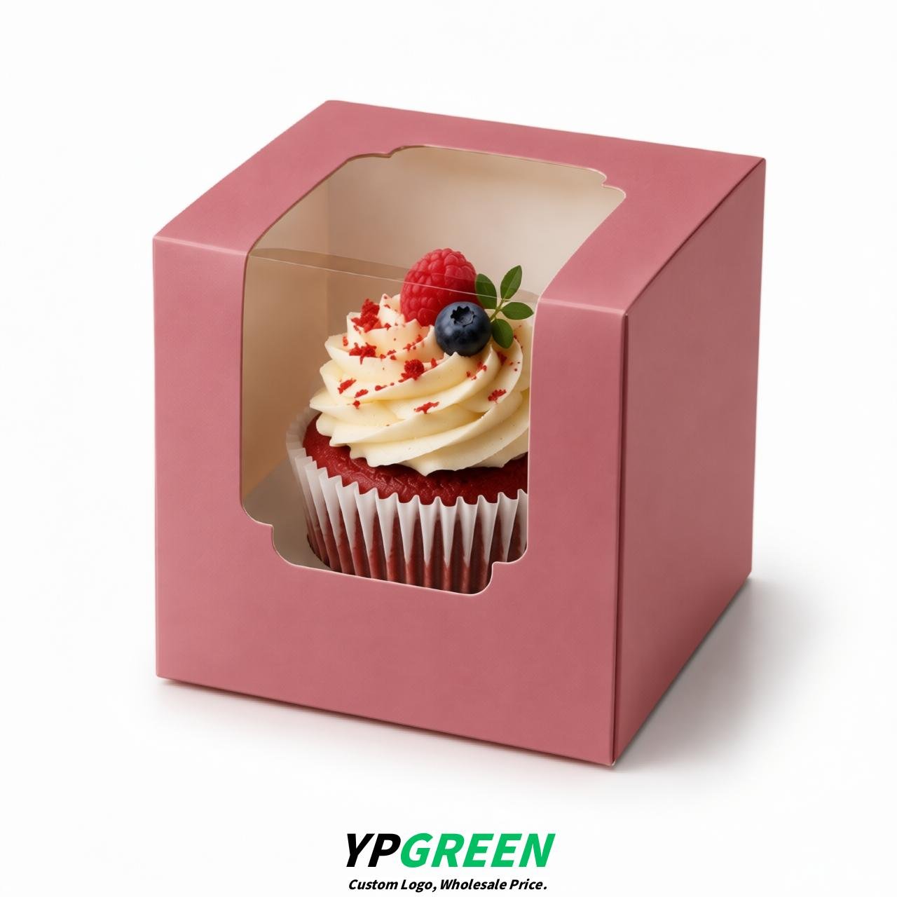 Rose Pink Individual 3.5 inches Square Paper Cupcake Box Containers with Windows & Inserts
