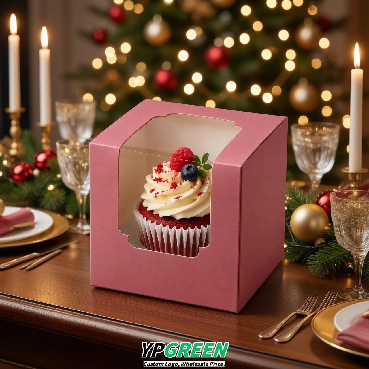 Rose Pink Individual 3.5 inches Square Paper Cupcake Box Containers with Windows & Inserts