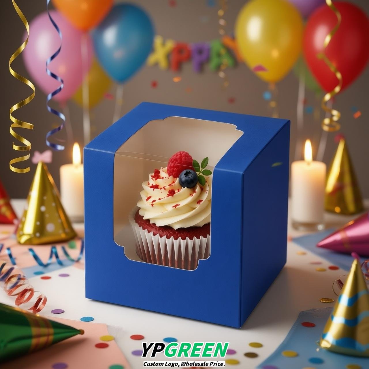 Royal Blue Individual 3.5 inches Square Paper Cupcake Box Containers with Windows & Inserts
