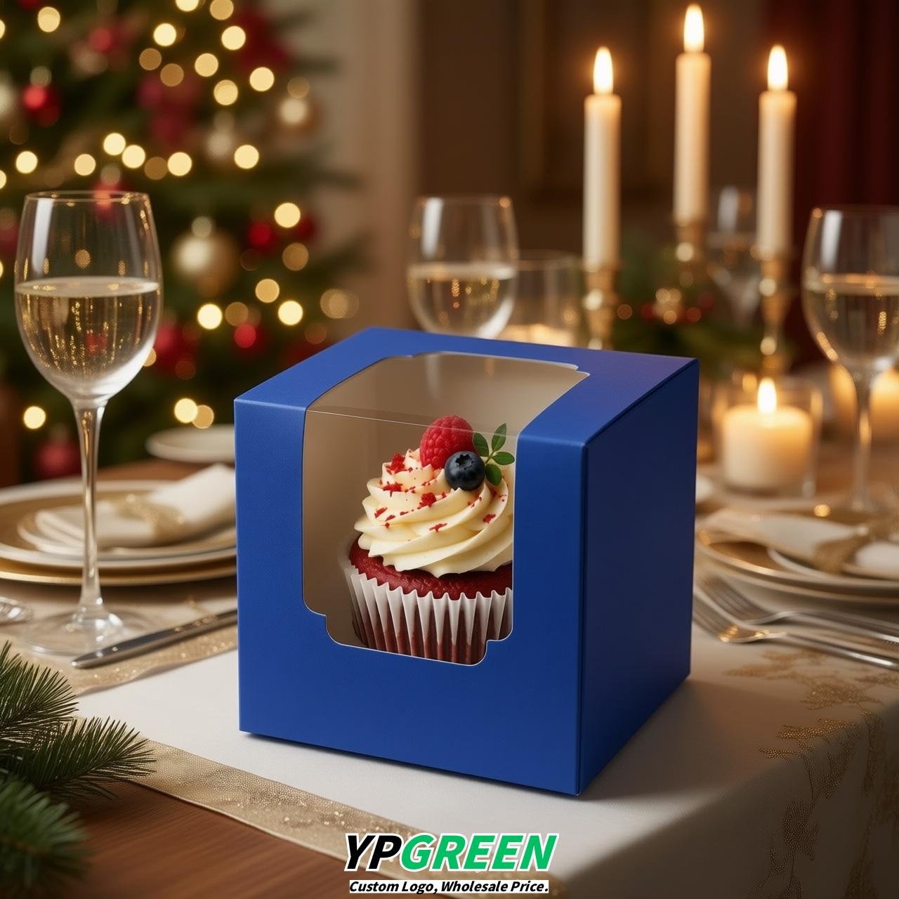 Royal Blue Individual 3.5 inches Square Paper Cupcake Box Containers with Windows & Inserts