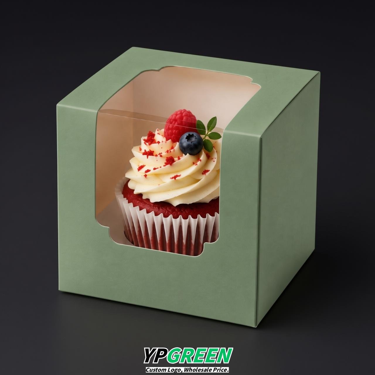 Sage Green Individual 3.5 inches Square Paper Cupcake Box Containers with Windows & Inserts