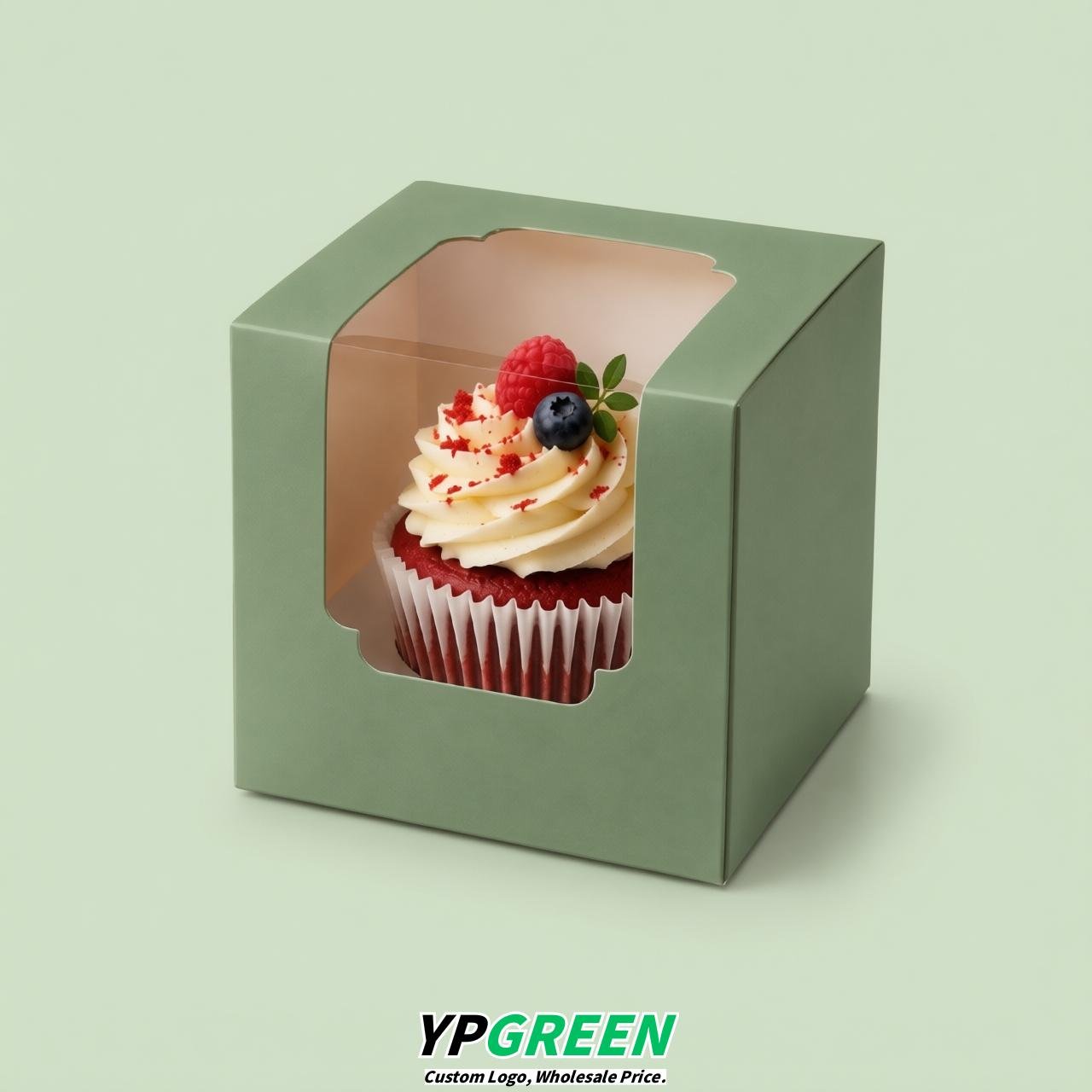 Sage Green Individual 3.5 inches Square Paper Cupcake Box Containers with Windows & Inserts