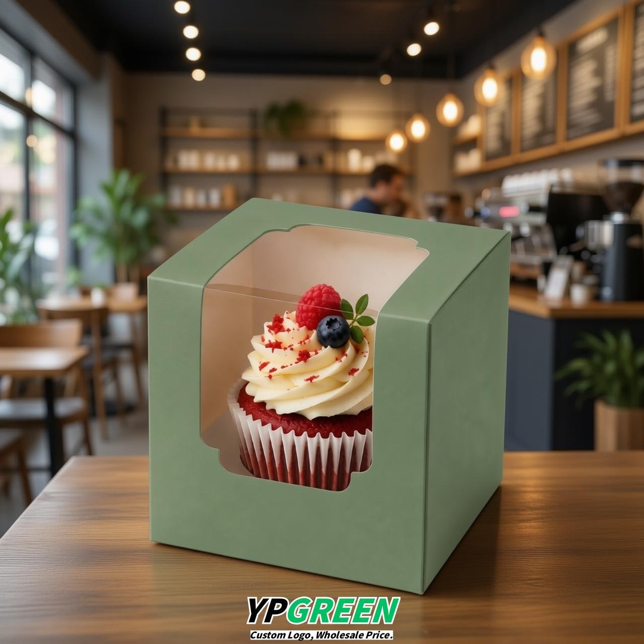 Sage Green Individual 3.5 inches Square Paper Cupcake Box Containers with Windows & Inserts