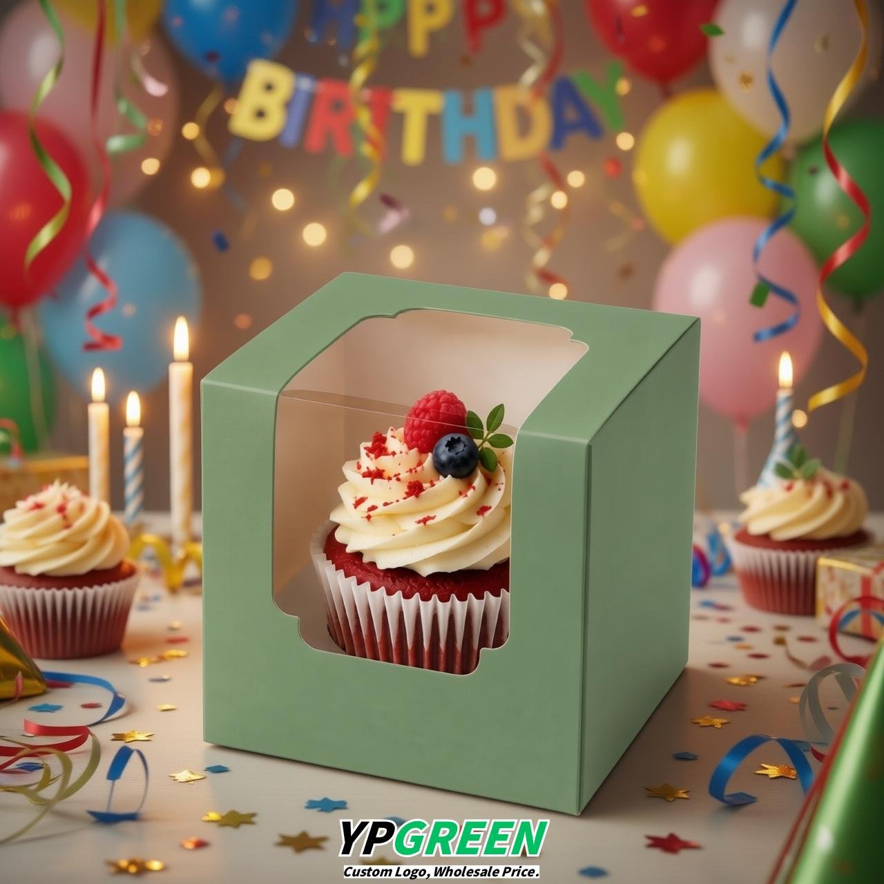 Sage Green Individual 3.5 inches Square Paper Cupcake Box Containers with Windows & Inserts