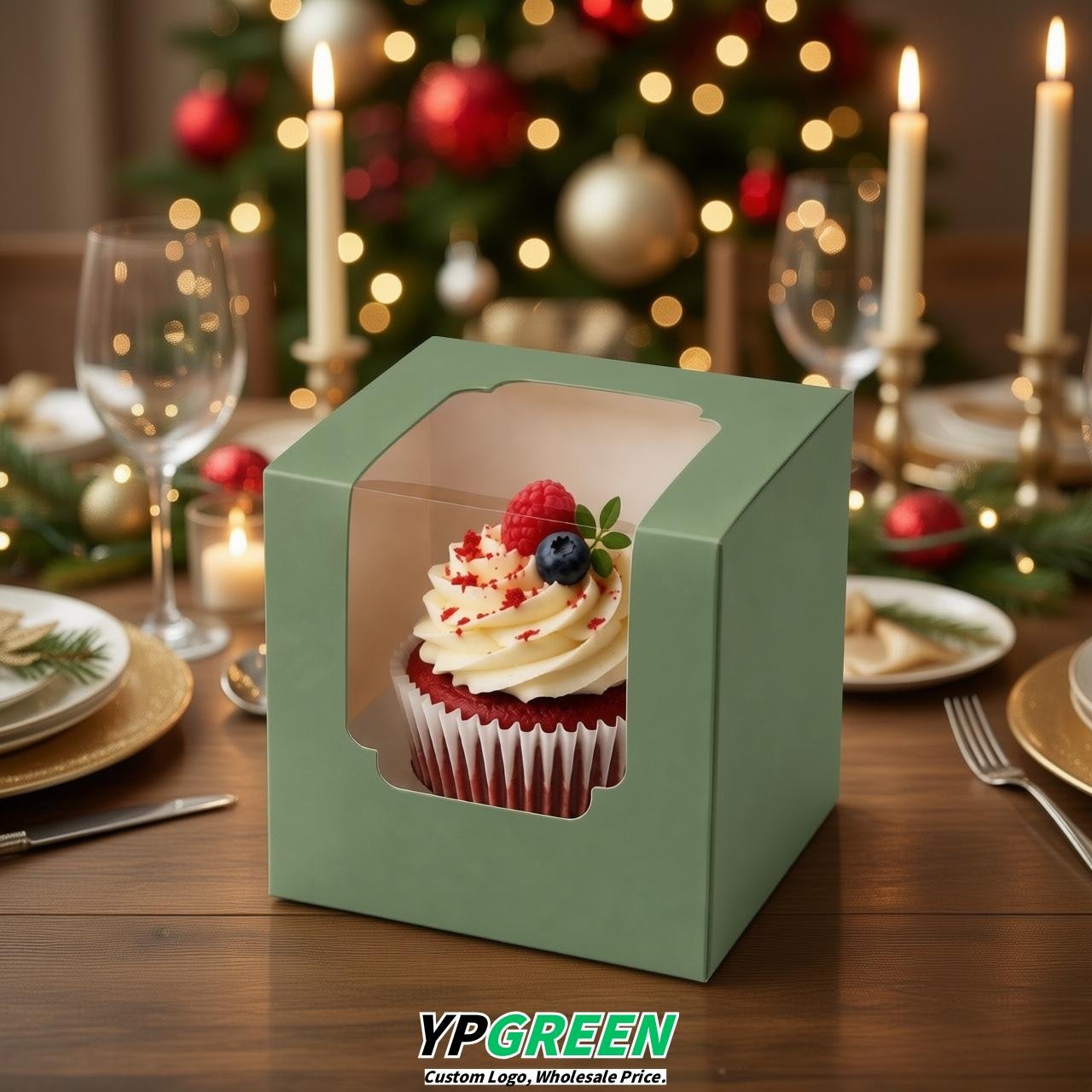 Sage Green Individual 3.5 inches Square Paper Cupcake Box Containers with Windows & Inserts