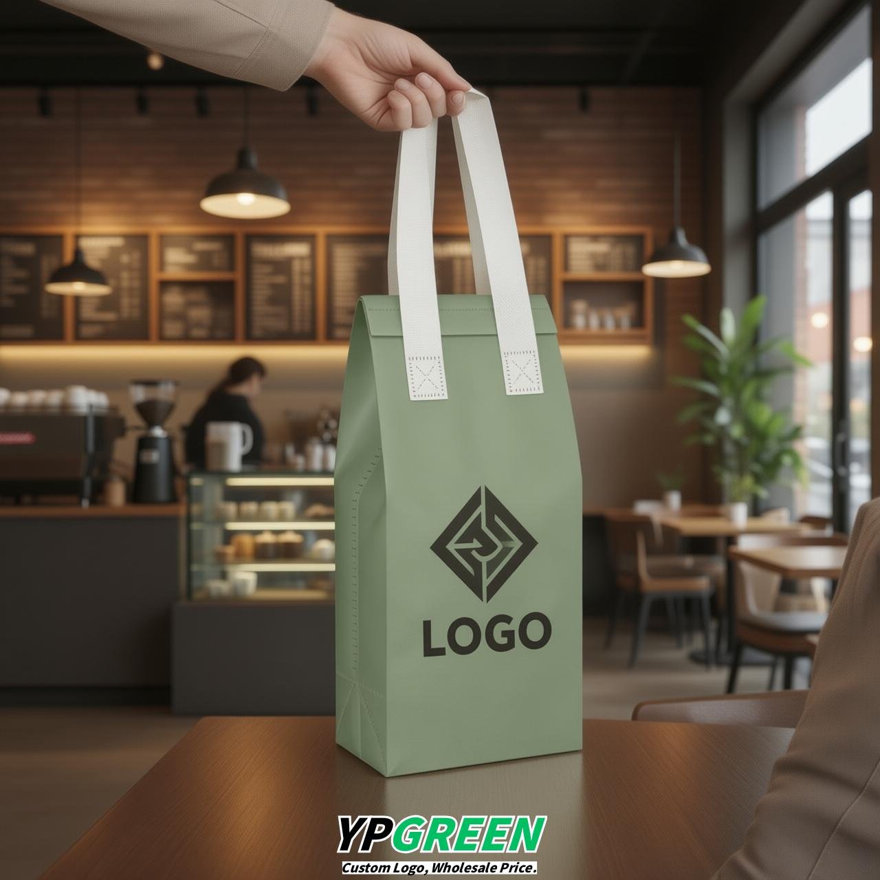 Sage Green Individual insulated take away bags wholesale 11x4.7x3.9 inches Thermal Beverage Take Out Bags