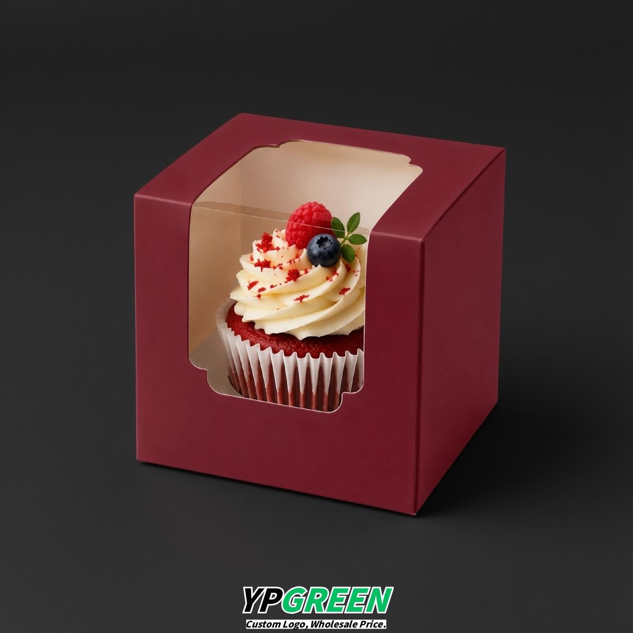 Scarlet Individual 3.5 inches Square Paper Cupcake Box Containers with Windows & Inserts