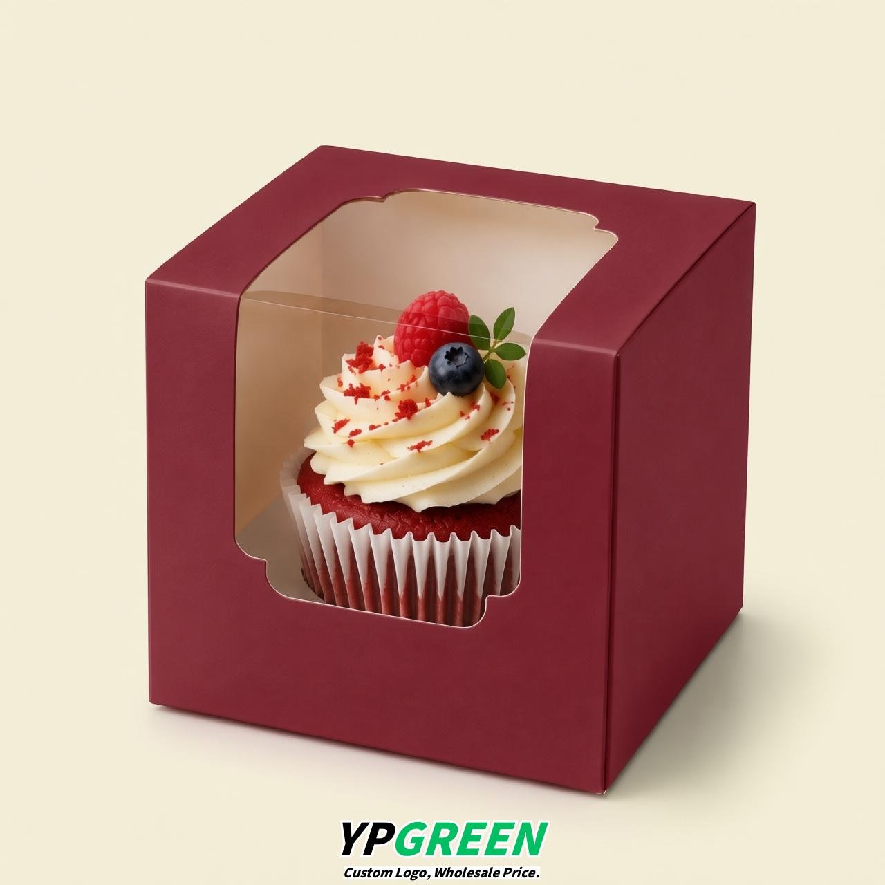 Scarlet Individual 3.5 inches Square Paper Cupcake Box Containers with Windows & Inserts