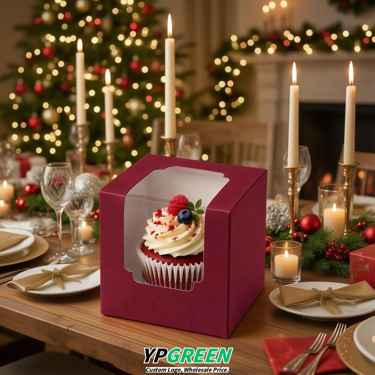 Scarlet Individual 3.5 inches Square Paper Cupcake Box Containers with Windows & Inserts