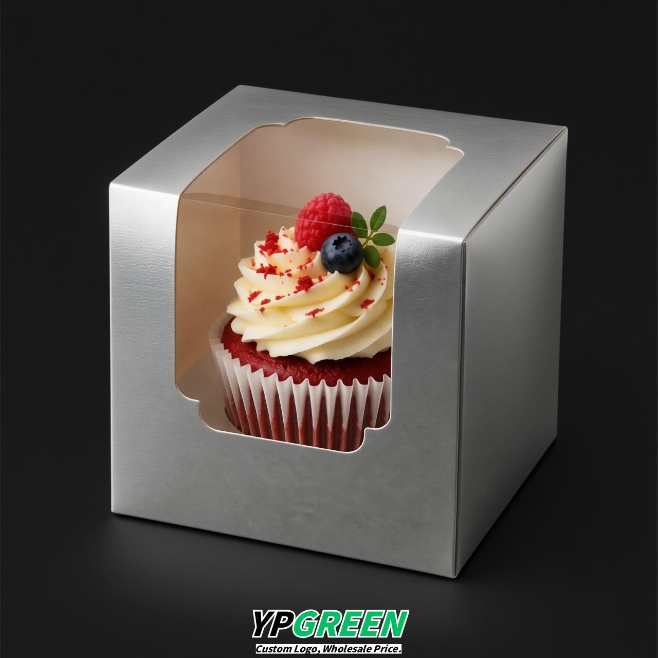 Silver Individual 3.5 inches Square Paper Cupcake Box Containers with Windows & Inserts
