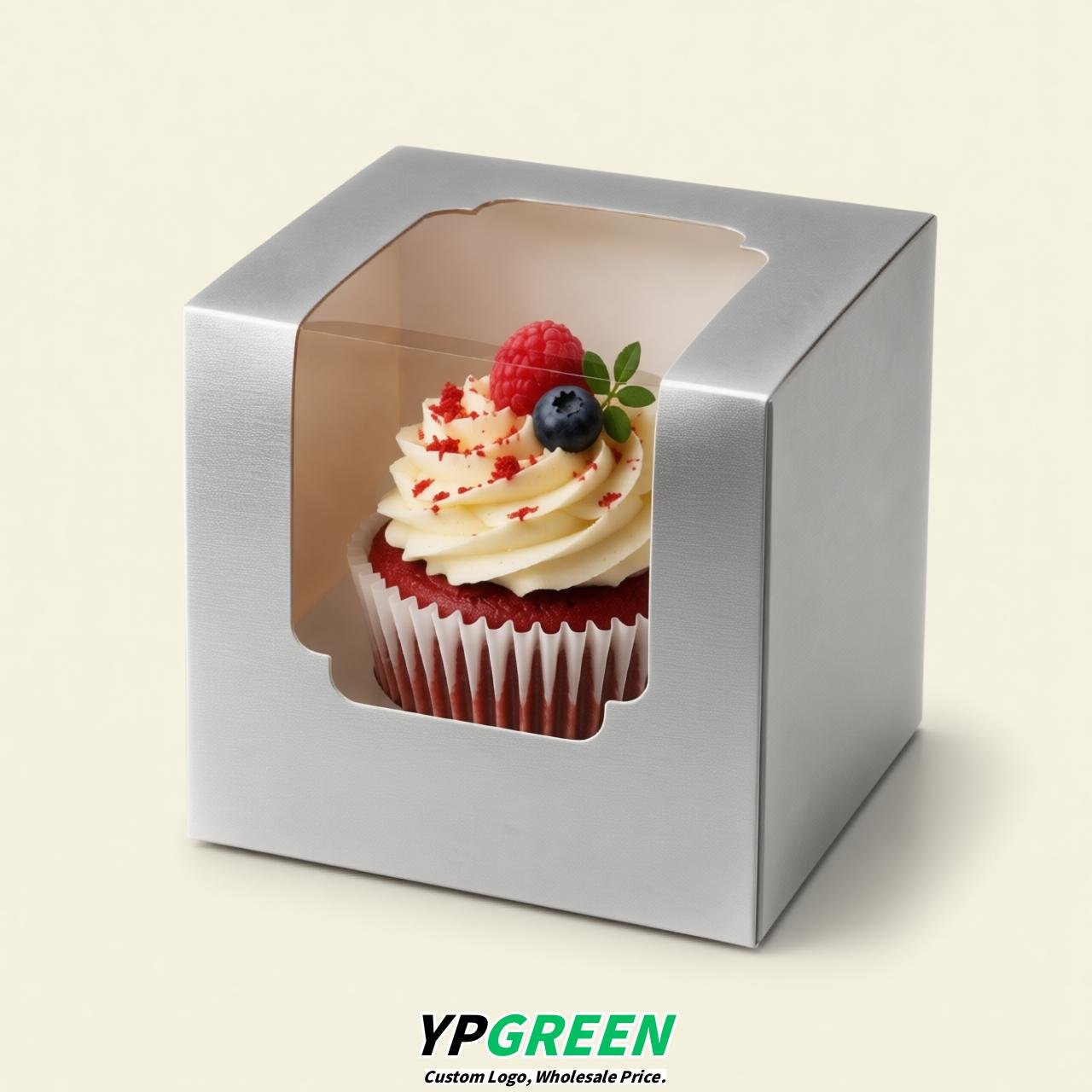 Silver Individual 3.5 inches Square Paper Cupcake Box Containers with Windows & Inserts