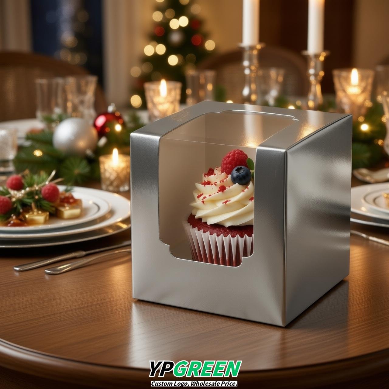 Silver Individual 3.5 inches Square Paper Cupcake Box Containers with Windows & Inserts