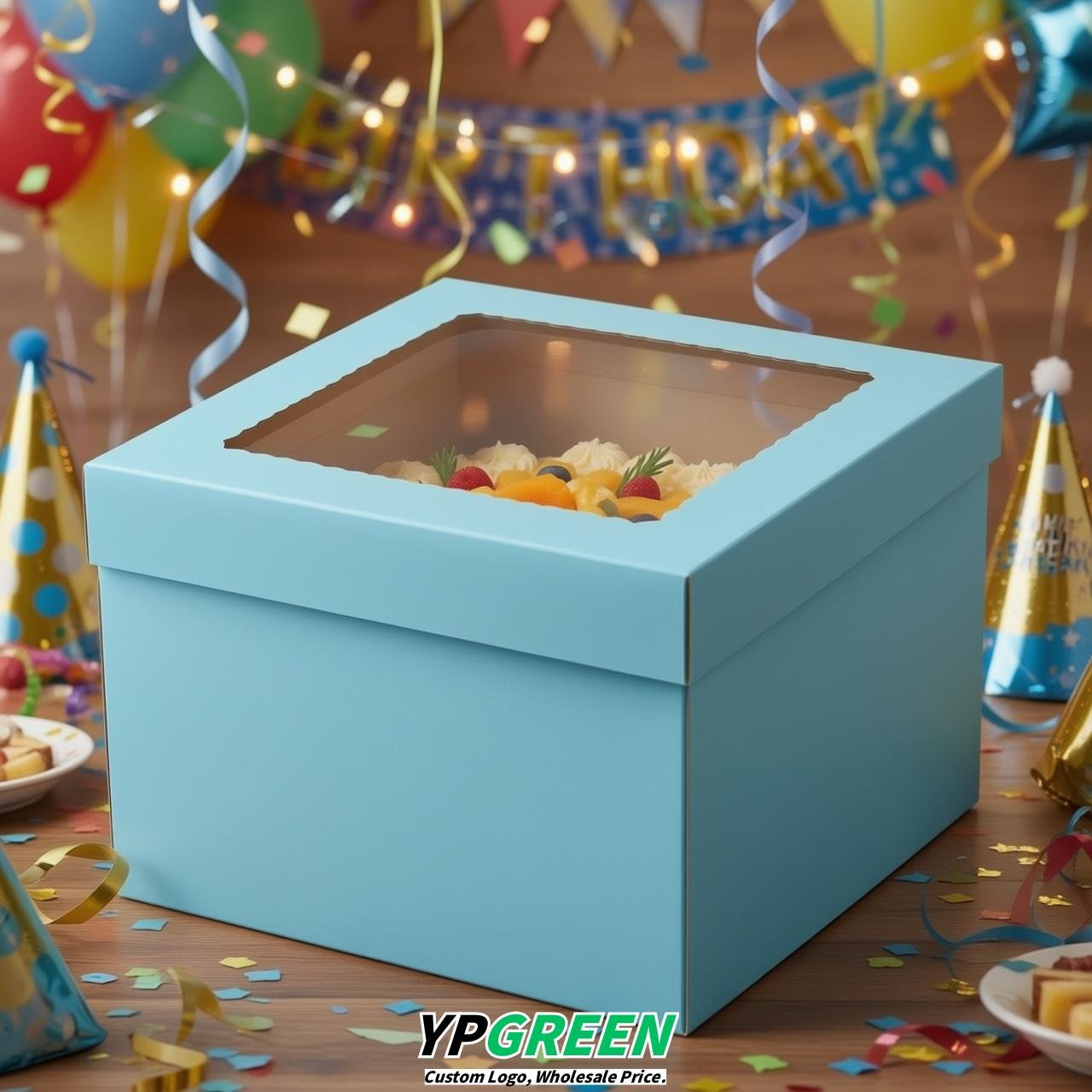 Sky Blue 10 & 12 inches Tall Cake Box with Window - Square Cardboard Cake Box